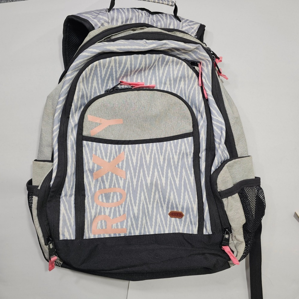 Roxy Backpack Women OS Grey Chevron Large Laptop School Bag Travel Pink Logo